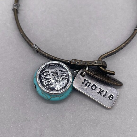 Plunder Moxie Faux Turquoise Charm Cuff Bangle Bracelet Hammered - Picture 3 of 4